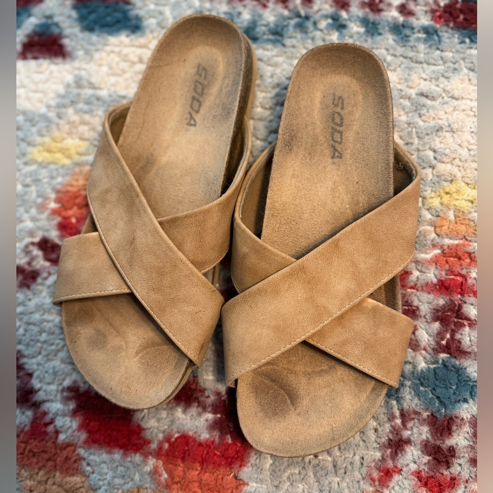 Soda Brown Criss-Cross Slide Sandals